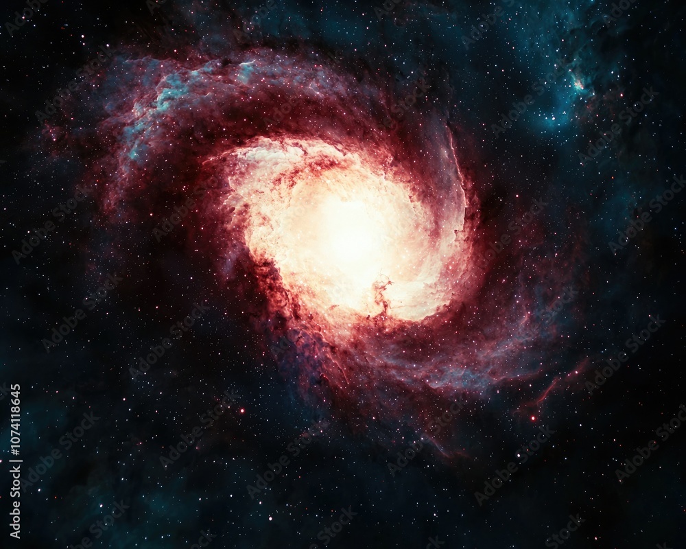 A colorful spiral galaxy with radiant center and stars scattered in a dark cosmic background. A colorful spiral galaxy with radiant center and stars scattered in a dark cosmic background.