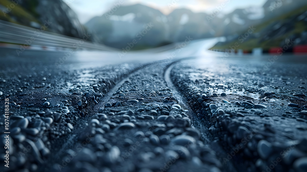 Wet Asphalt Road with Pebbles and Mountain Background Photo Wet Asphalt Road with Pebbles and Mountain Background Photo