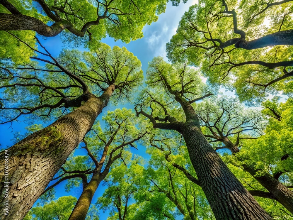 Fototapeta premium Majestic View of Large Linden and Oak Trees Reaching for the Sky in a Minimalist Setting, Captured from Below Through the Lush Treeline, Emphasizing Nature's Beauty and Serenity