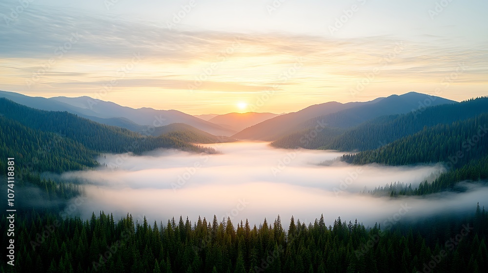 Fototapeta premium Experience the serenity of nature as the sun rises over the misty mountain landscape