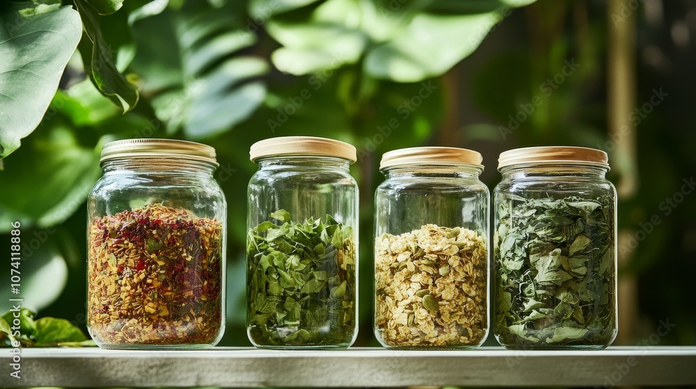 Eco-Friendly Glass Jars with Fresh Organic Ingredients against Leafy Background: Zero-Waste Concept\ Eco-Friendly Glass Jars with Fresh Organic Ingredients against Leafy Background: Zero-Waste Concept\