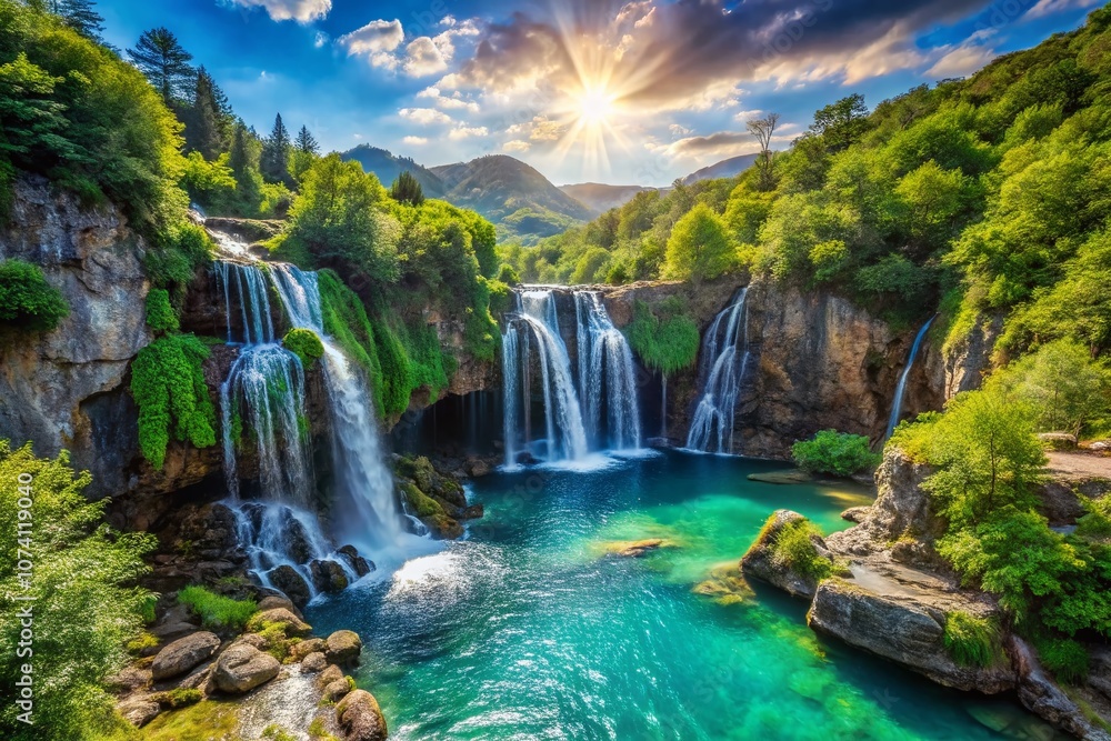 Fototapeta premium Majestic Waterfall Cascading Through Rugged Mountains into a Crystal Blue Pool of Water Surrounded by Lush Greenery and Rocky Terrain for Stunning Landscape Photography