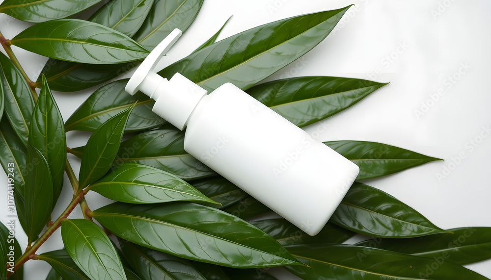 blank white body lotion pump bottle on wet green leaves. top view copy space isolated with white highlights, png blank white body lotion pump bottle on wet green leaves. top view copy space isolated with white highlights, png