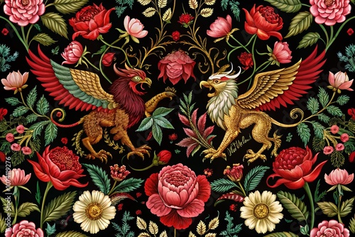 Medieval Embroidery Design Featuring Griffins, Red Roses, and Pink Peonies for T-Shirt and Clothing Templates in Gothic Renaissance Style photo