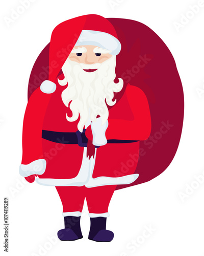 Santa Claus, Christmas character with beard in red suit holding huge sack