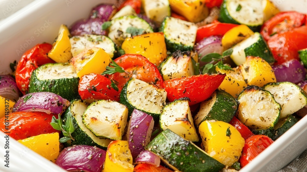 A colorful dish of roasted vegetables, including zucchini, bell peppers, and tomatoes, garnished with herbs and spices, perfect for a healthy meal. A colorful dish of roasted vegetables, including zucchini, bell peppers, and tomatoes, garnished with herbs and spices, perfect for a healthy meal.