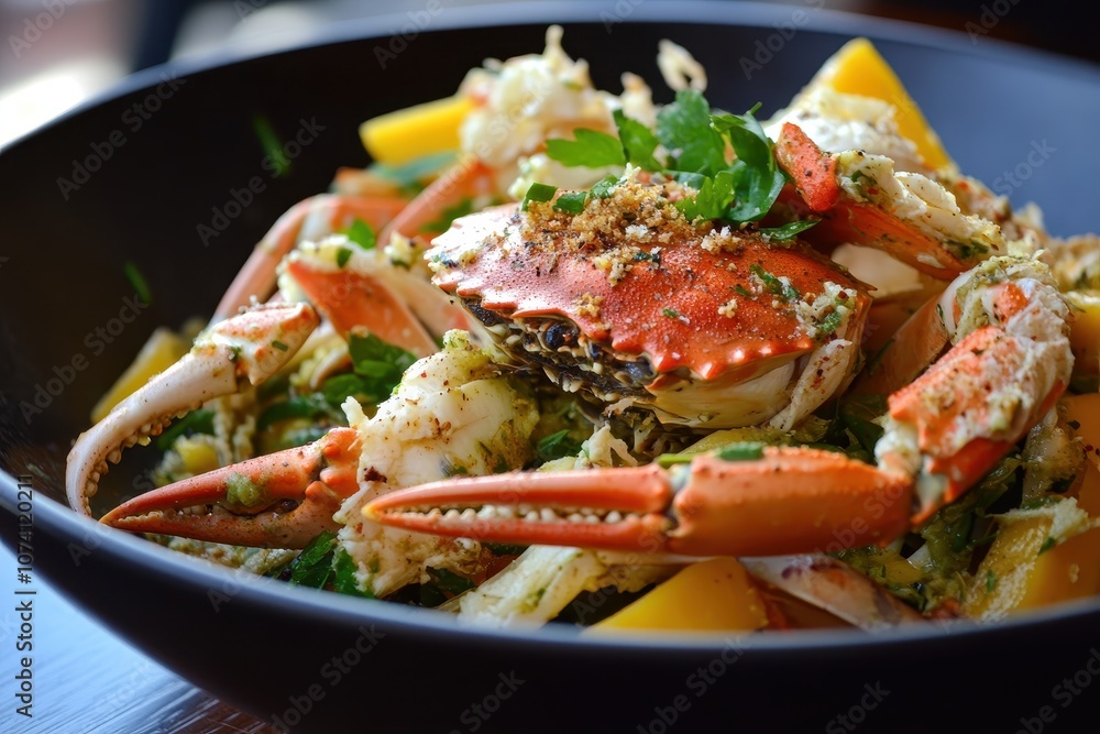 Zesty green mango salad featuring blue crab Zesty green mango salad featuring blue crab