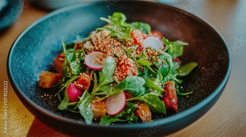 A vibrant salad featuring fresh greens, radishes, and a sprinkle of toasted seeds, served in an elegant black bowl.