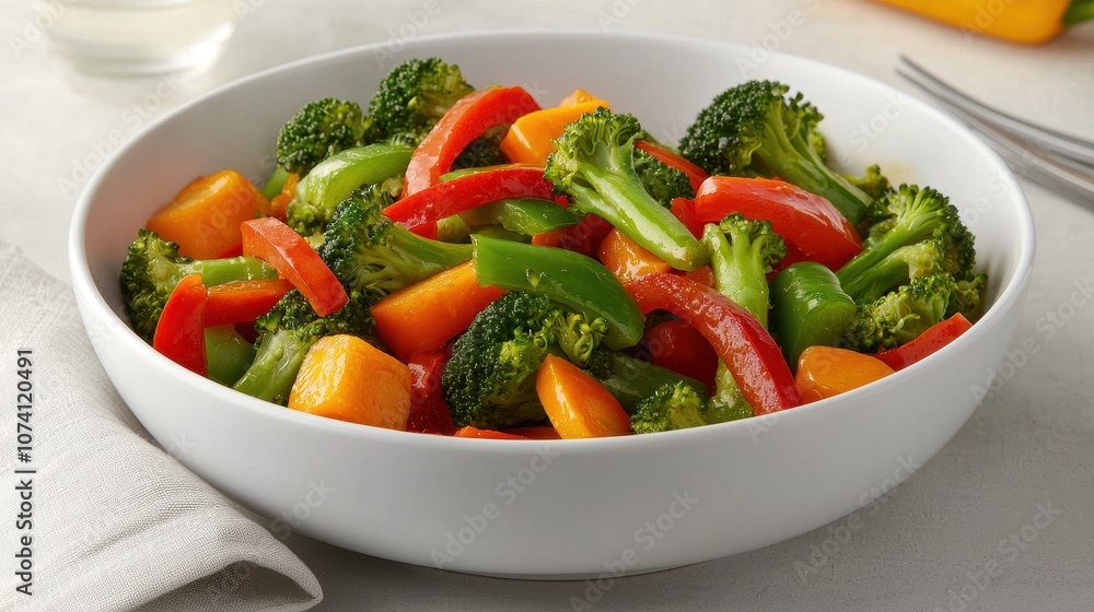 A colorful medley of broccoli, bell peppers, and carrots in a white bowl, showcasing a fresh and healthy vegetable dish. A colorful medley of broccoli, bell peppers, and carrots in a white bowl, showcasing a fresh and healthy vegetable dish.