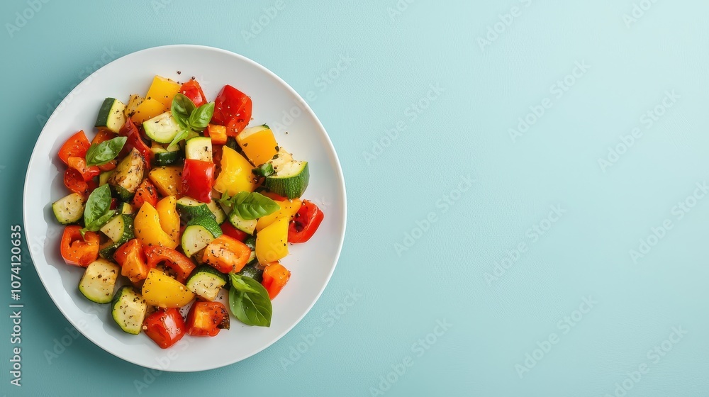 A vibrant salad featuring diced cucumbers, tomatoes, and mangoes garnished with fresh basil on a light blue background. A vibrant salad featuring diced cucumbers, tomatoes, and mangoes garnished with fresh basil on a light blue background.