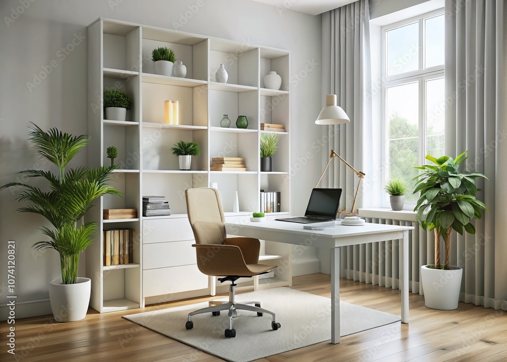 Fototapeta premium Minimalist Home Office with White Bookcase and Desk Featuring a Clean Aesthetic and Natural Light for a Productive Work Environment