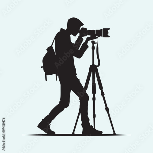 cameraman or videographer in action silhouette vector black and white