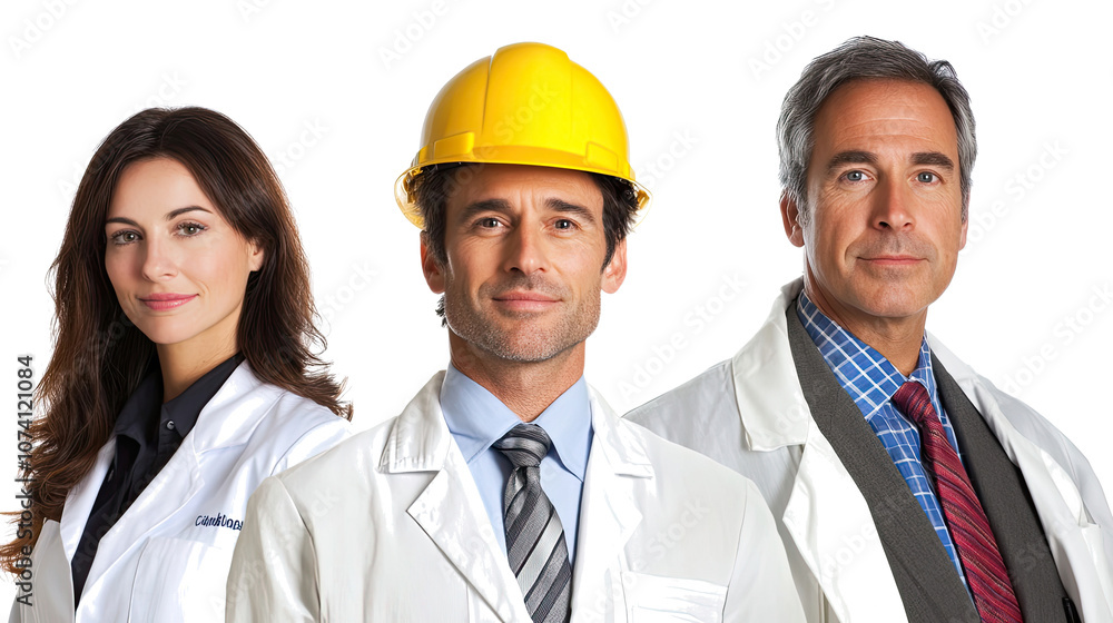 Professional Individuals in White Coats and Hard Hat Isolated on White Generative AI Professional Individuals in White Coats and Hard Hat Isolated on White Generative AI