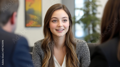 Canadian business woman talking to colleagues at a meeting or job interview