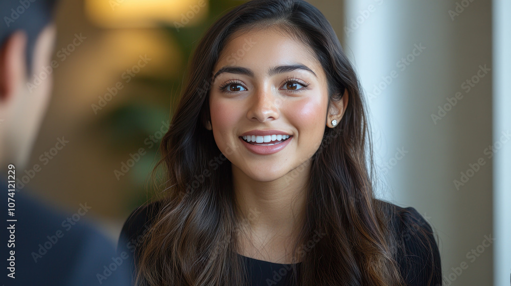 Hispanic business woman talking to colleagues at a meeting or job interview Hispanic business woman talking to colleagues at a meeting or job interview
