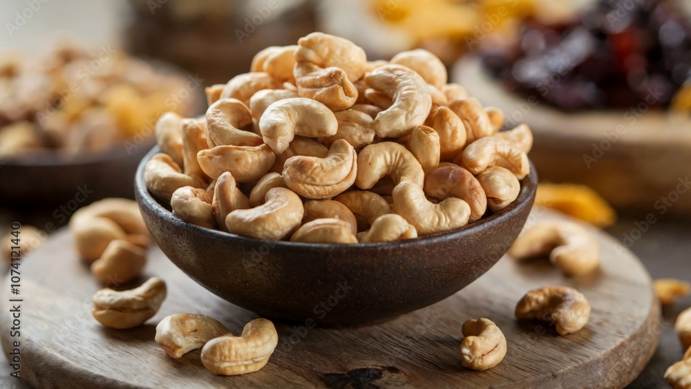 Rustic bowl of roasted cashew nuts, healthy and delicious snack ideal for food, health, and lifestyle projects. Culinary concept Rustic bowl of roasted cashew nuts, healthy and delicious snack ideal for food, health, and lifestyle projects. Culinary concept