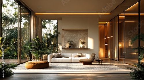 Wallpaper Mural Modern living room with large windows and lush greenery outside. Torontodigital.ca