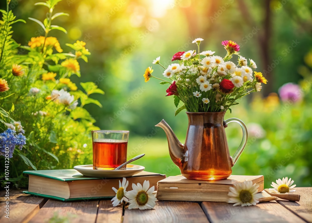 Minimalist Summer Garden Composition with Flowers in Watering Can, Turkish Tea Glass, and Books on Table for Relaxation and Reading in Beautiful Natural Background Minimalist Summer Garden Composition with Flowers in Watering Can, Turkish Tea Glass, and Books on Table for Relaxation and Reading in Beautiful Natural Background