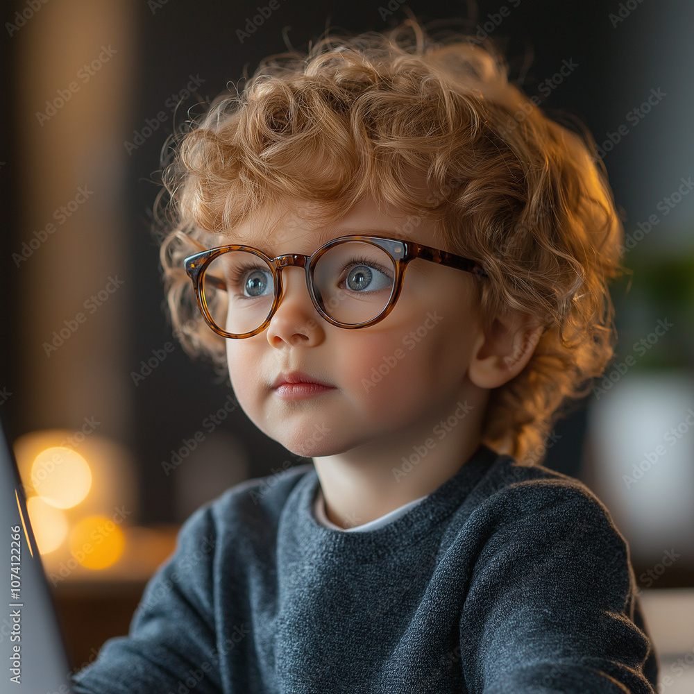 kid Wear glasses staring at laptop screen kid Wear glasses staring at laptop screen