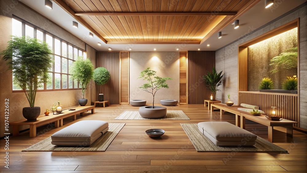 Fototapeta premium Minimalist Zen-Inspired Retreat Center Interior with Natural Materials and Soft Lighting for Mindfulness Practices in a Tranquil Space for Promotional Use
