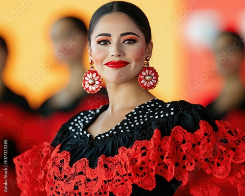 A vibrant performer showcases traditional attire, featuring striking red and black colors, complete with bold earrings and a confident smile. photo