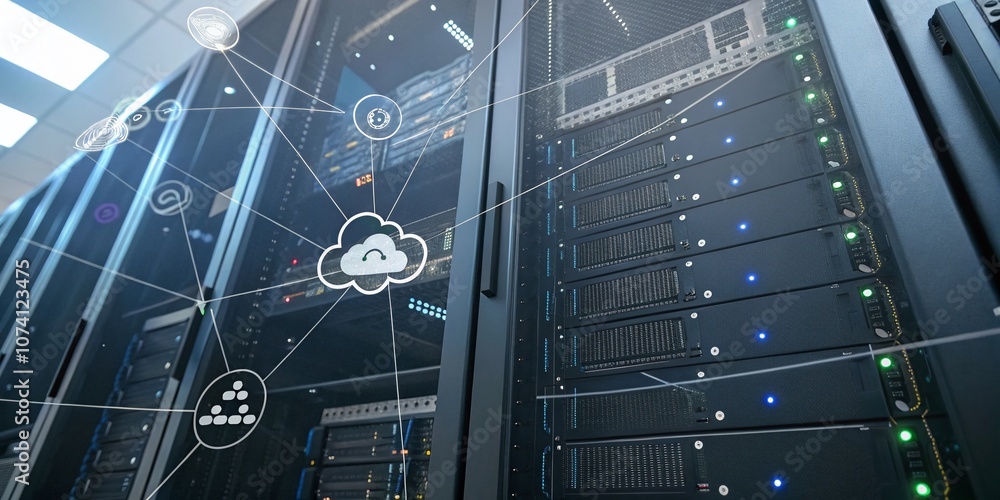 Modern Cloud Technology Concept Showcasing Data Center Integration and Web Hosting Solutions in an Isometric Style for Visualizing Cloud Computing Advances Modern Cloud Technology Concept Showcasing Data Center Integration and Web Hosting Solutions in an Isometric Style for Visualizing Cloud Computing Advances