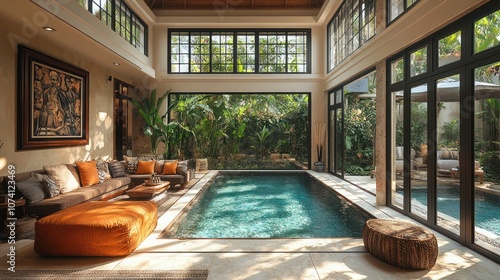 Wallpaper Mural A spacious living room with a swimming pool in the center. Sunlight streams in through large windows, illuminating the lush greenery outside. Torontodigital.ca