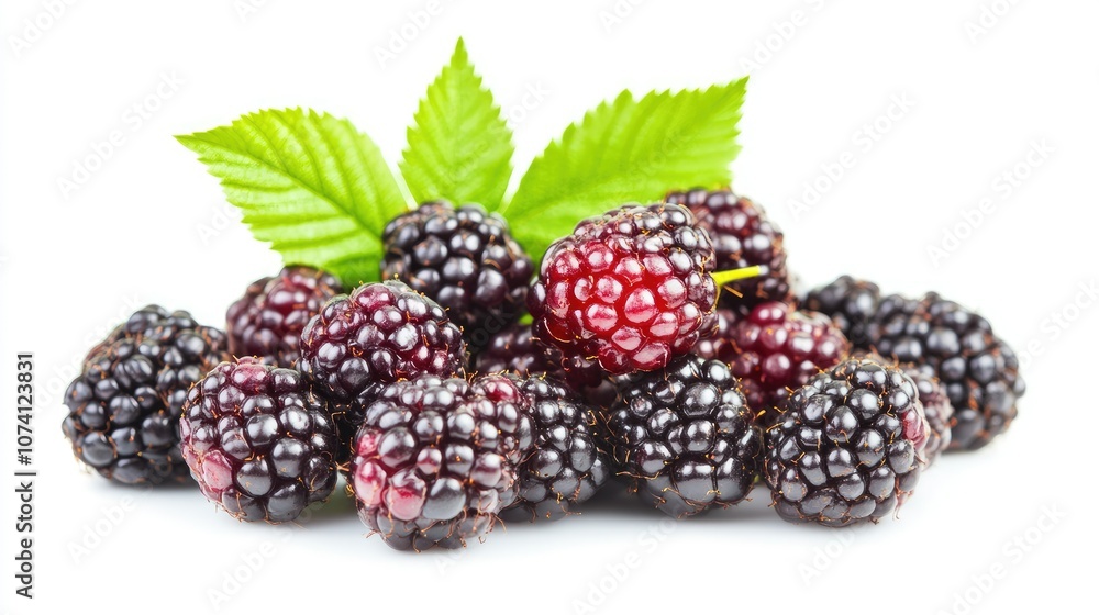Fresh Blackberries with Green Leaves on White Background Fresh Blackberries with Green Leaves on White Background