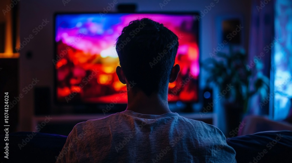 A teenager watching violent content on TV, illustrating concerns about the impact of media on behavior A teenager watching violent content on TV, illustrating concerns about the impact of media on behavior