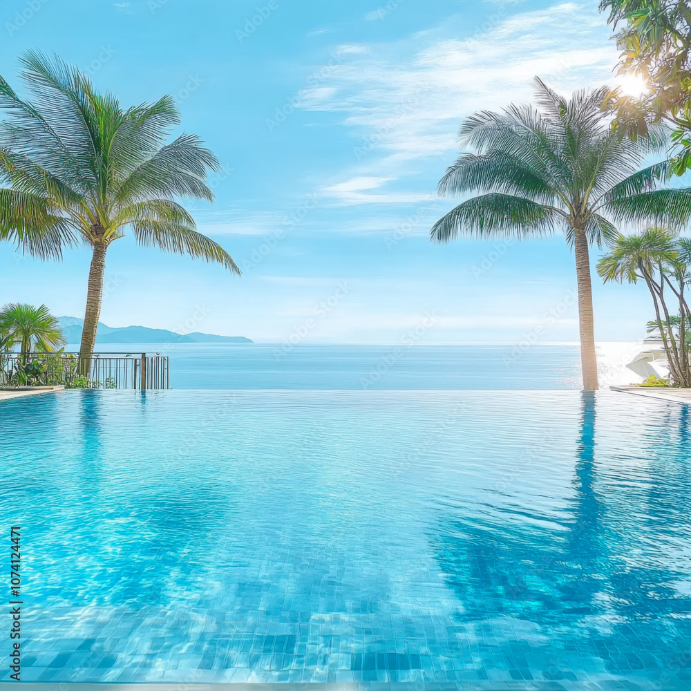 Swimming pool with clear blue water with stunning sea view and sky Swimming pool with clear blue water with stunning sea view and sky