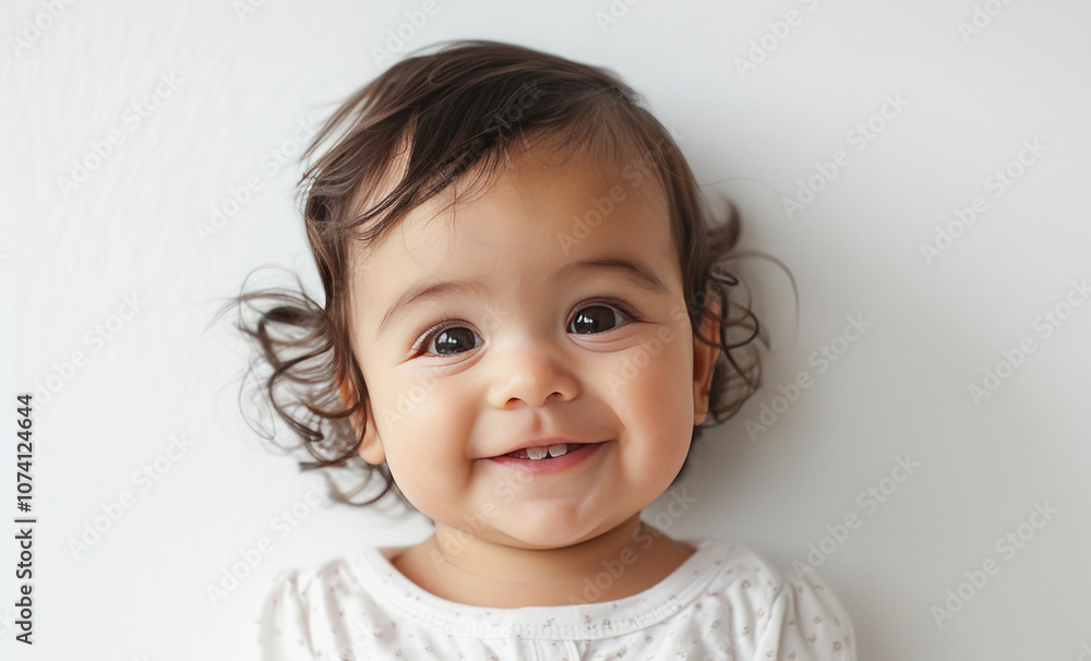 Beautiful dark hair baby smiling and showing first teeth Beautiful dark hair baby smiling and showing first teeth