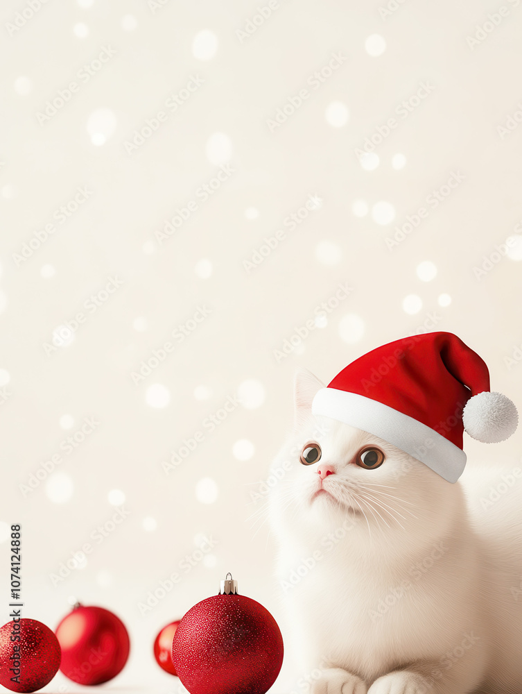 A white cat wearing a Santa hat poses beside festive red ornaments, creating a cheerful holiday atmosphere. A white cat wearing a Santa hat poses beside festive red ornaments, creating a cheerful holiday atmosphere.