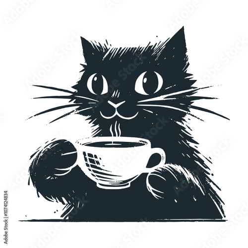 Cat brings a cup of warm water. Black white vector illustration.