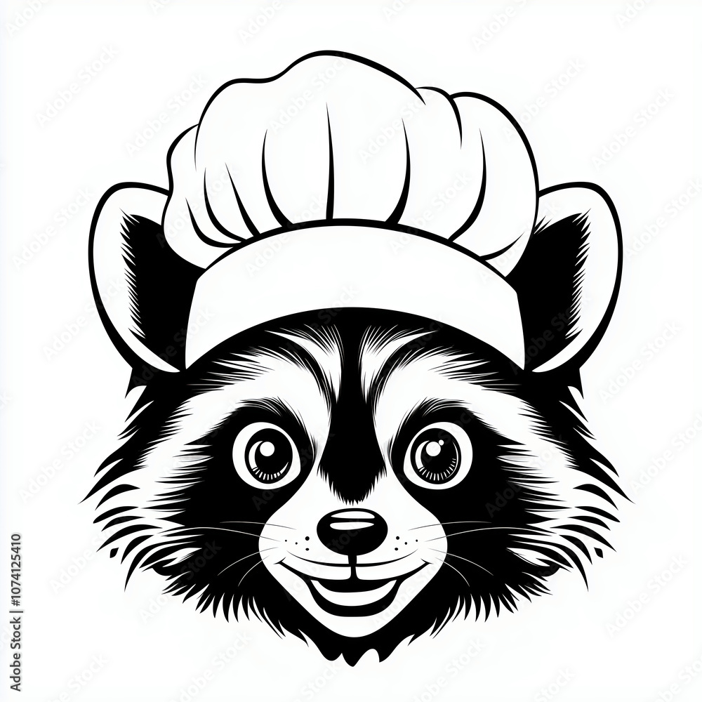 Obraz premium Black and white raccoon chef head logo vector illustration