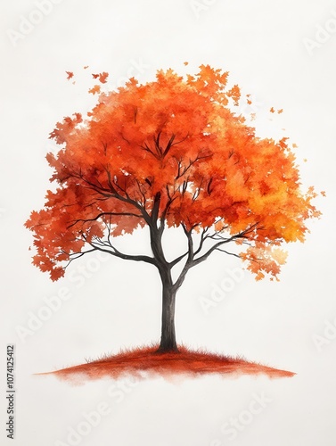 A vibrant orange tree stands alone, showcasing its vivid autumn leaves against a soft background, evoking warmth and seasonal beauty.