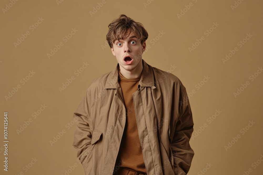 Fototapeta premium Surprised young man opening his mouth in amazement while posing on brown background