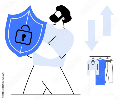 Man holding shield with lock secure clothing on rack with up and down arrows. Ideal for cybersecurity, data protection, online privacy, retail security, e-commerce safety, personal data, information