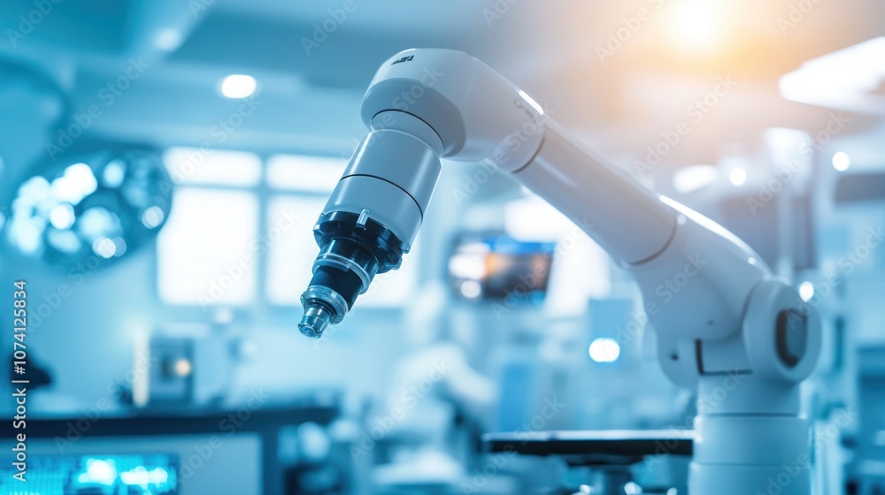 Robotic arm in a medical setting, likely for surgery or precision tasks. Robotic arm in a medical setting, likely for surgery or precision tasks.