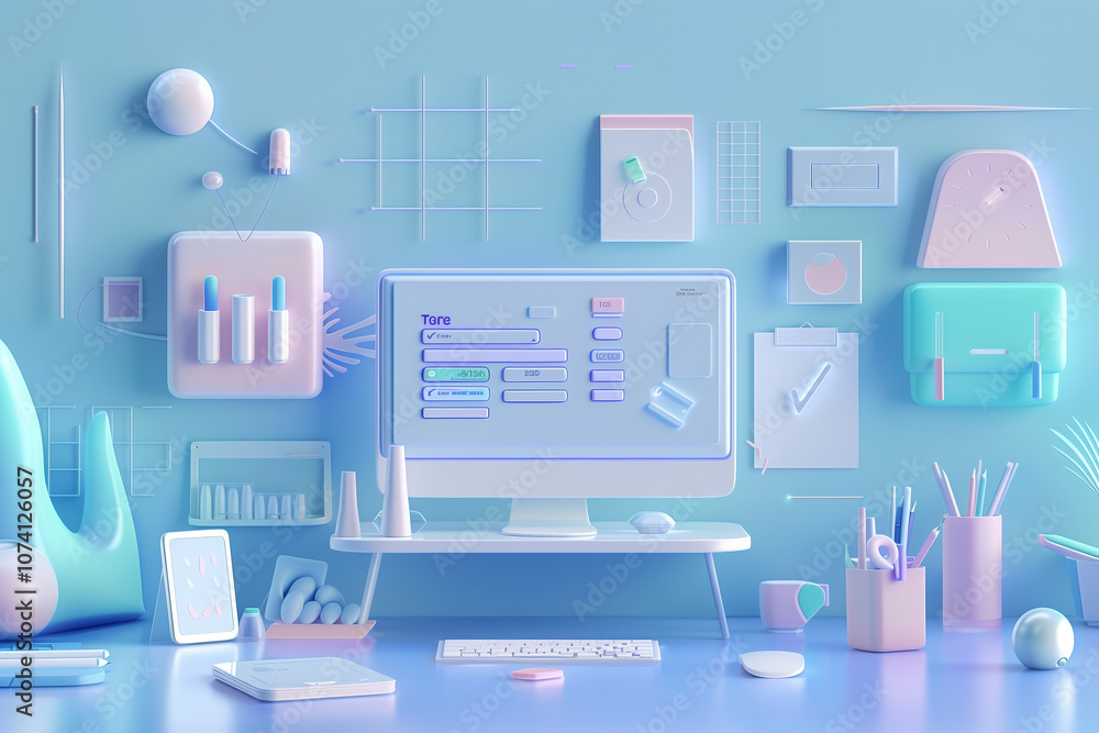 Futuristic 3D modern creativity table interior with computer showing software engineering, note pad on wall and pastel stationary. Abstract study desk. Futuristic 3D modern creativity table interior with computer showing software engineering, note pad on wall and pastel stationary. Abstract study desk.