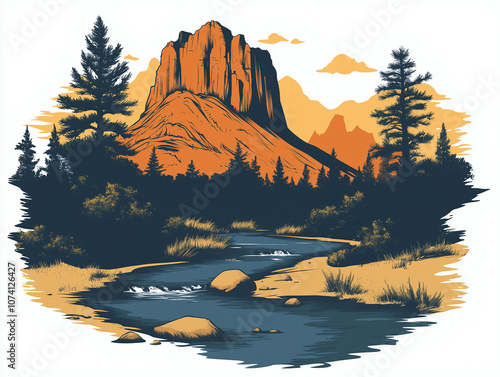 Vintage style illustration of zion national park landscape design photo