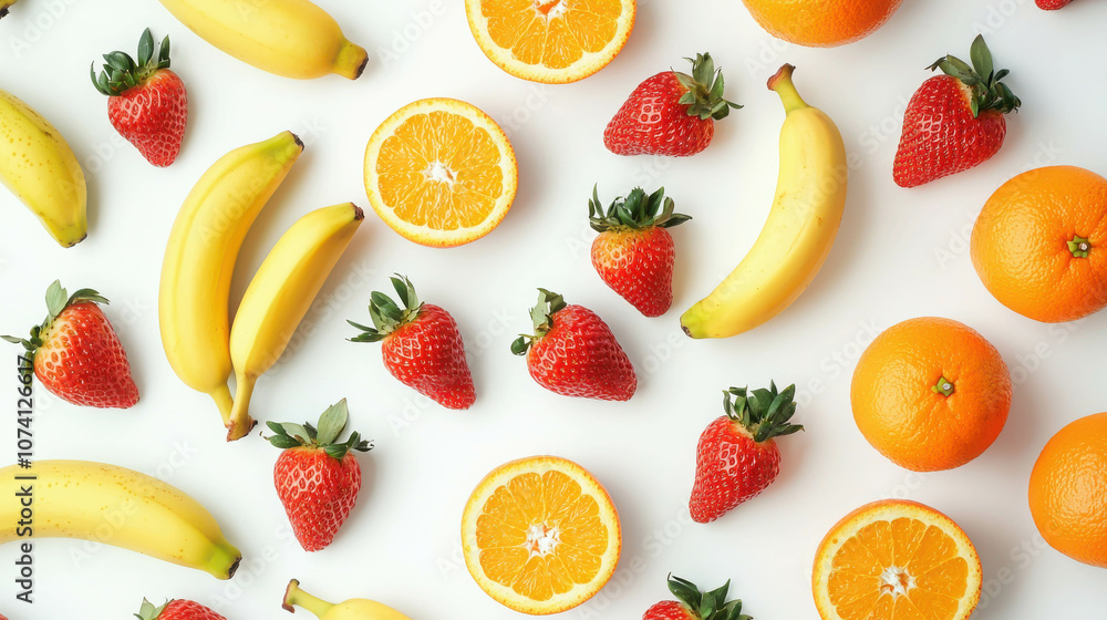 Colorful Arrangement of Fresh Fruits Displaying Bananas, Strawberries, and Oranges from a Top View Perspective Colorful Arrangement of Fresh Fruits Displaying Bananas, Strawberries, and Oranges from a Top View Perspective