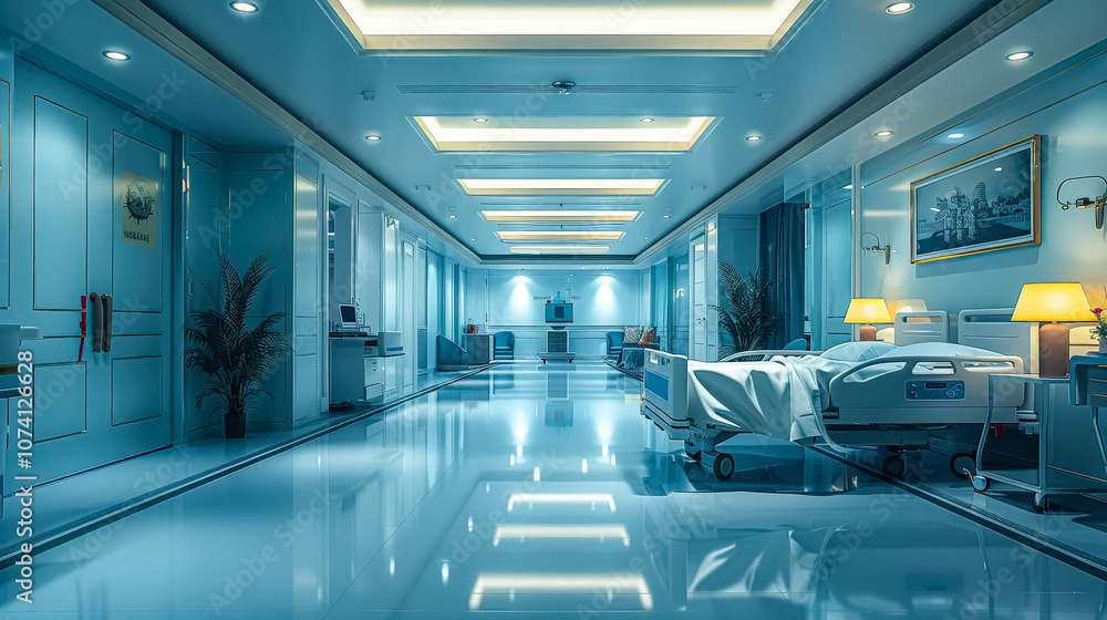 Fototapeta premium Hospital room with a bed and a lamp
