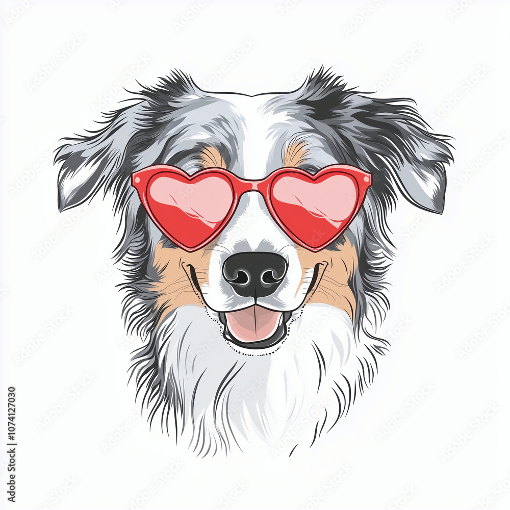 Cute happy blue merle australian shepherd dog wearing red heart sunglasses portrait illustration Cute happy blue merle australian shepherd dog wearing red heart sunglasses portrait illustration