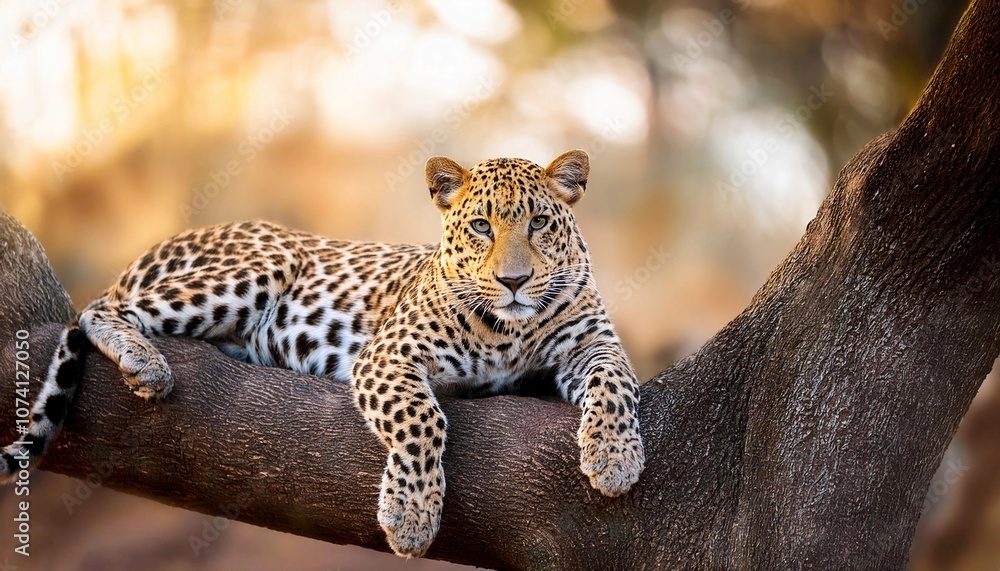 Fototapeta premium Sri Lankan leopard (Panthera pardus kotiya), big spotted cat lying on the tree in the nature habitat