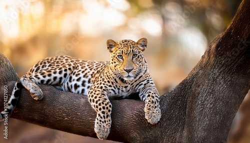 Sri Lankan leopard (Panthera pardus kotiya), big spotted cat lying on the tree in the nature habitat photo