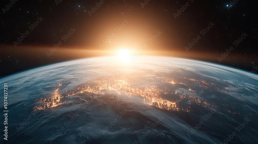 Planet Earth with sunrise, vibrant colors, and a space view. Planet Earth with sunrise, vibrant colors, and a space view.
