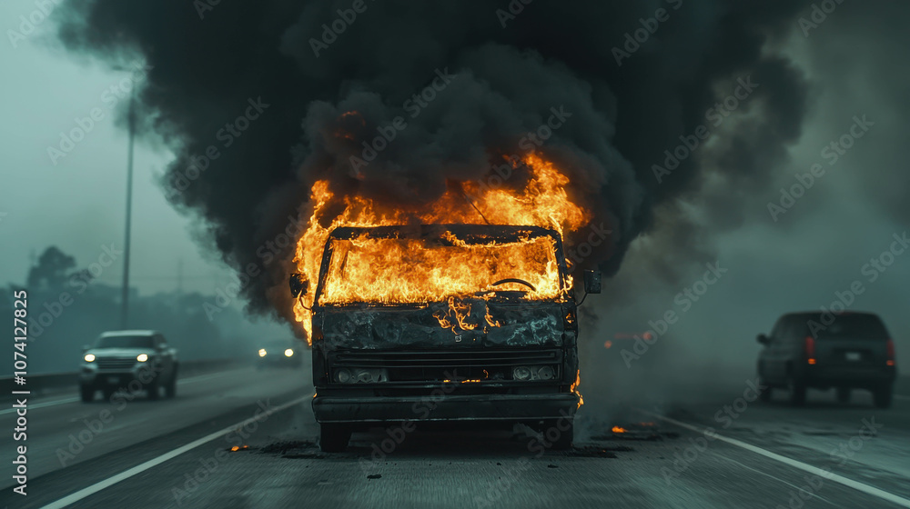 Vehicle on Fire in the Middle of Highway with Smoke Pluming into the Sky, Captured in a Dramatic Scene Highlighting Road Safety Dangers Vehicle on Fire in the Middle of Highway with Smoke Pluming into the Sky, Captured in a Dramatic Scene Highlighting Road Safety Dangers