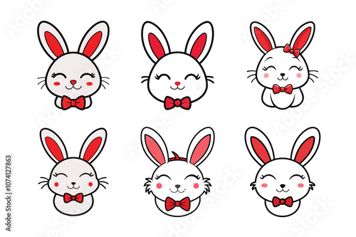 A vector set featuring six cute bunny characters wearing red bows with cheerful and expressive faces, perfect for adorable designs