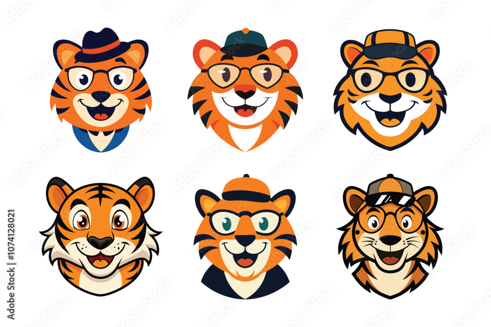 A vector set featuring six stylish tiger characters wearing hats and glasses, showcasing playful and expressive faces for creative designs. A vector set featuring six stylish tiger characters wearing hats and glasses, showcasing playful and expressive faces for creative designs.