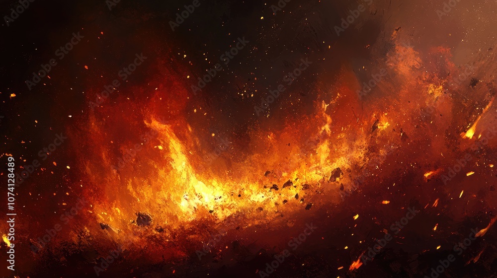 Dynamic flames on a dark backdrop intense blaze smoldering remnants and a large inferno Dynamic flames on a dark backdrop intense blaze smoldering remnants and a large inferno